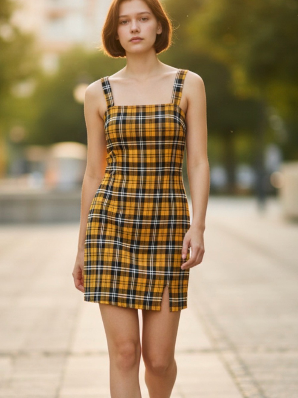 Forever 21 Yellow/Black Plaid Strap Sleeveless Mini Dress Square Neck Size S